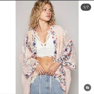 POL Lace Kimono Cardigan Women's M Pink Jacket Sparkle 7